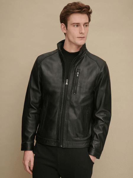 Shop Men's Stand Collar Style Black Glossy Leather Jacket