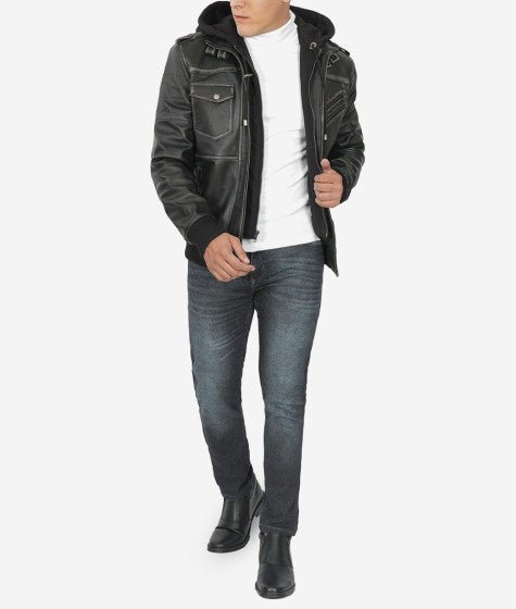 Shop Trending Men's Leather Bomber Jacket With Removable Hood - Image 3