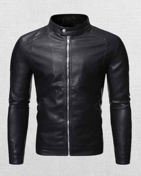 Shop MEN'S STAND COLLAR ZIP LEATHER JACKET