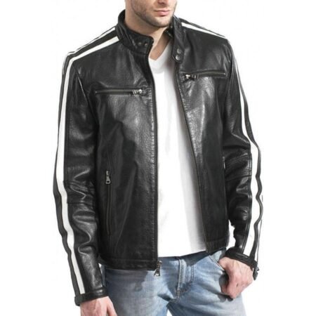 Shop Men's Black Leather White Stripe Moto Racer Style Jacket