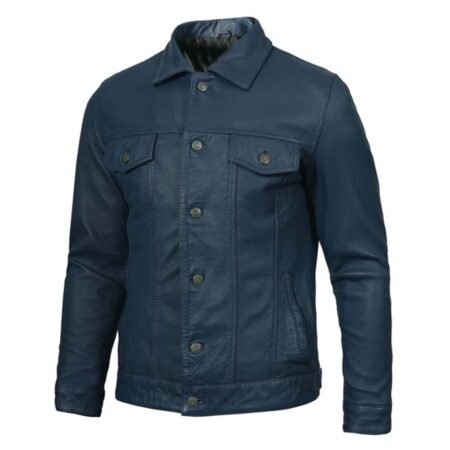 Shop Blue Washed Leather Trucker Jacket Mens