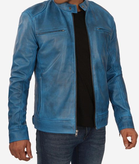 Shop Mens Blue Lambskin Leather Cafe Racer Jacket - Image 3