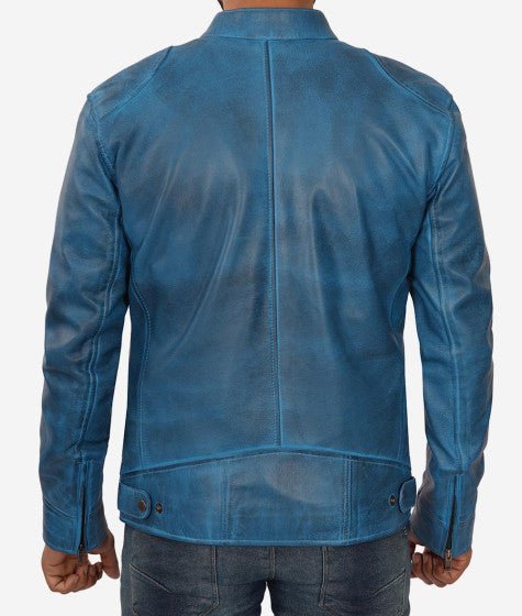 Shop Mens Blue Lambskin Leather Cafe Racer Jacket - Image 2