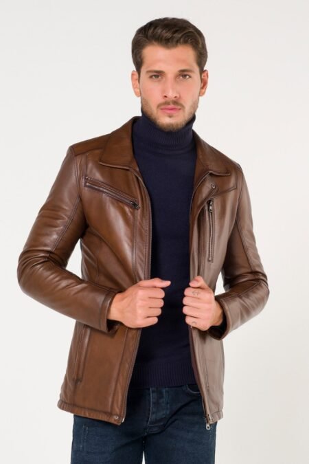 Shop Original Horizontal Vertical Zipper Brown Leather Jacket